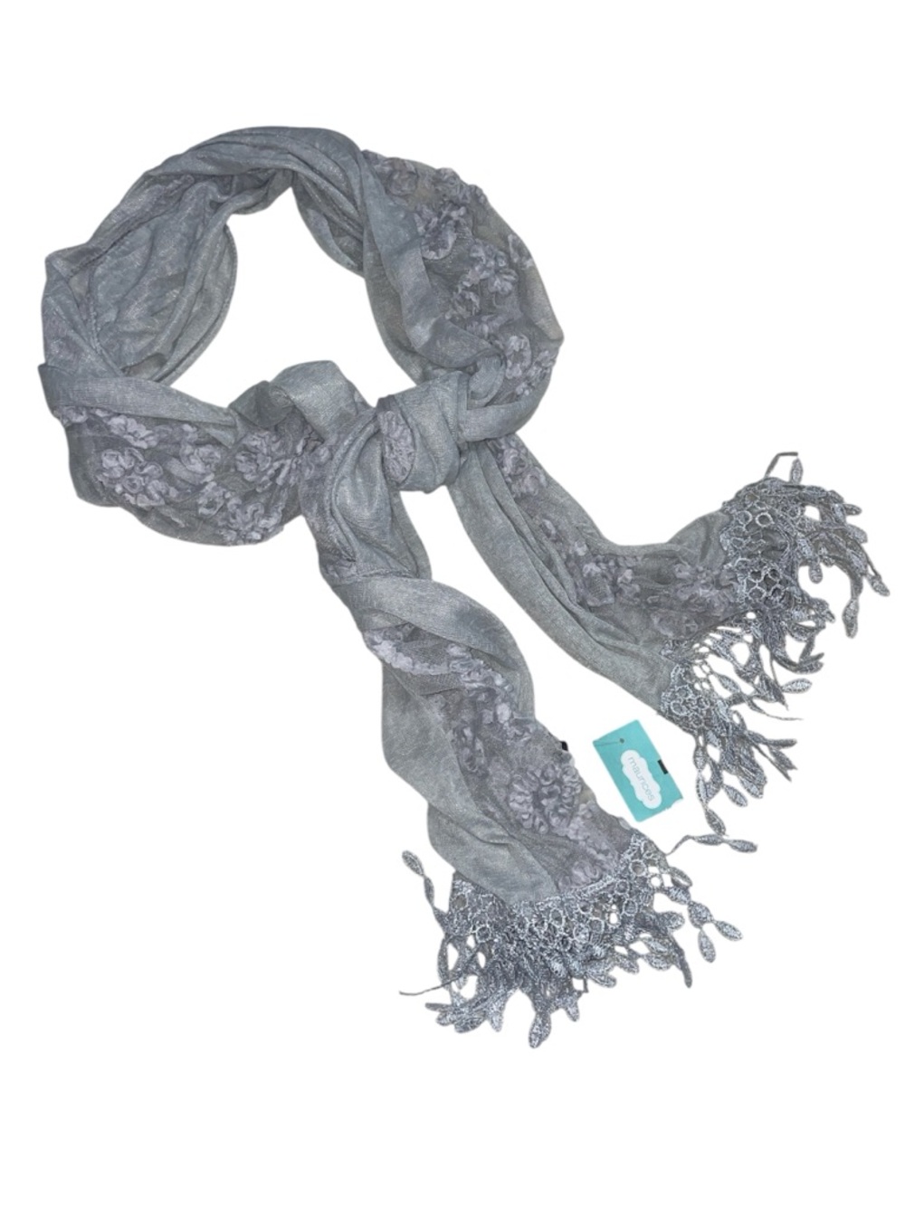NWT Maurices Light Gray Floral Lace Fringe Scarf